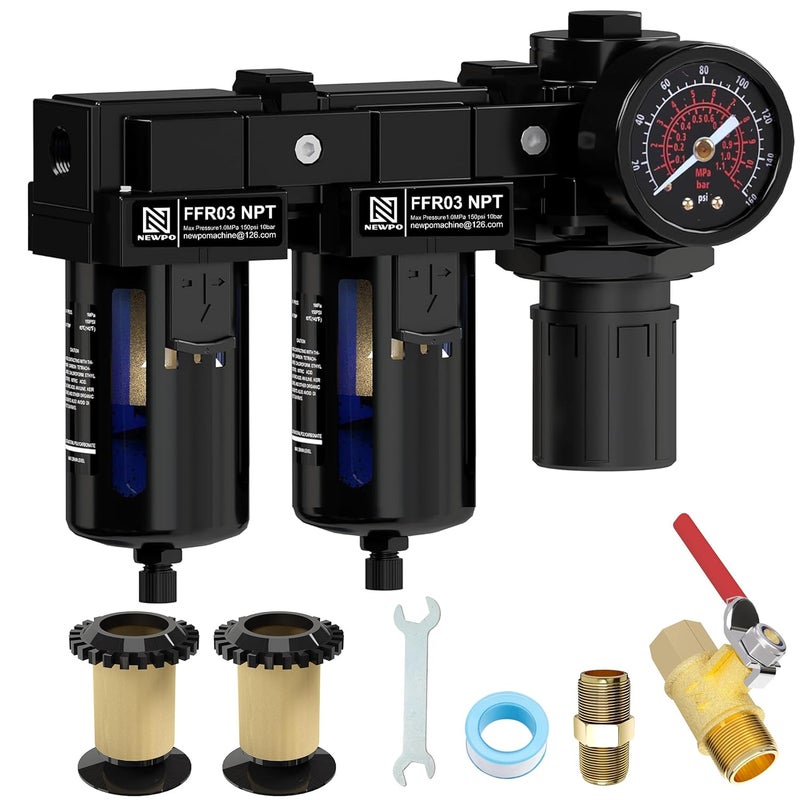 NEWPO 3/8'' NPT Air Drying System,Double Brass Filter Compressed Air Regulator,Air Pressure Regulator Combo 5&5 Micron Filter Cartridge,Semi-Auto Drain - Image 1